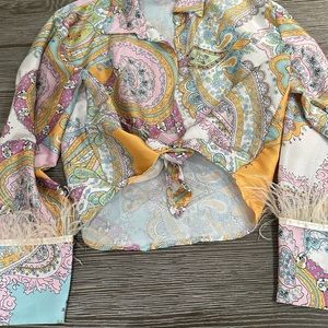 Long sleeve button down with feather detail on sleeves